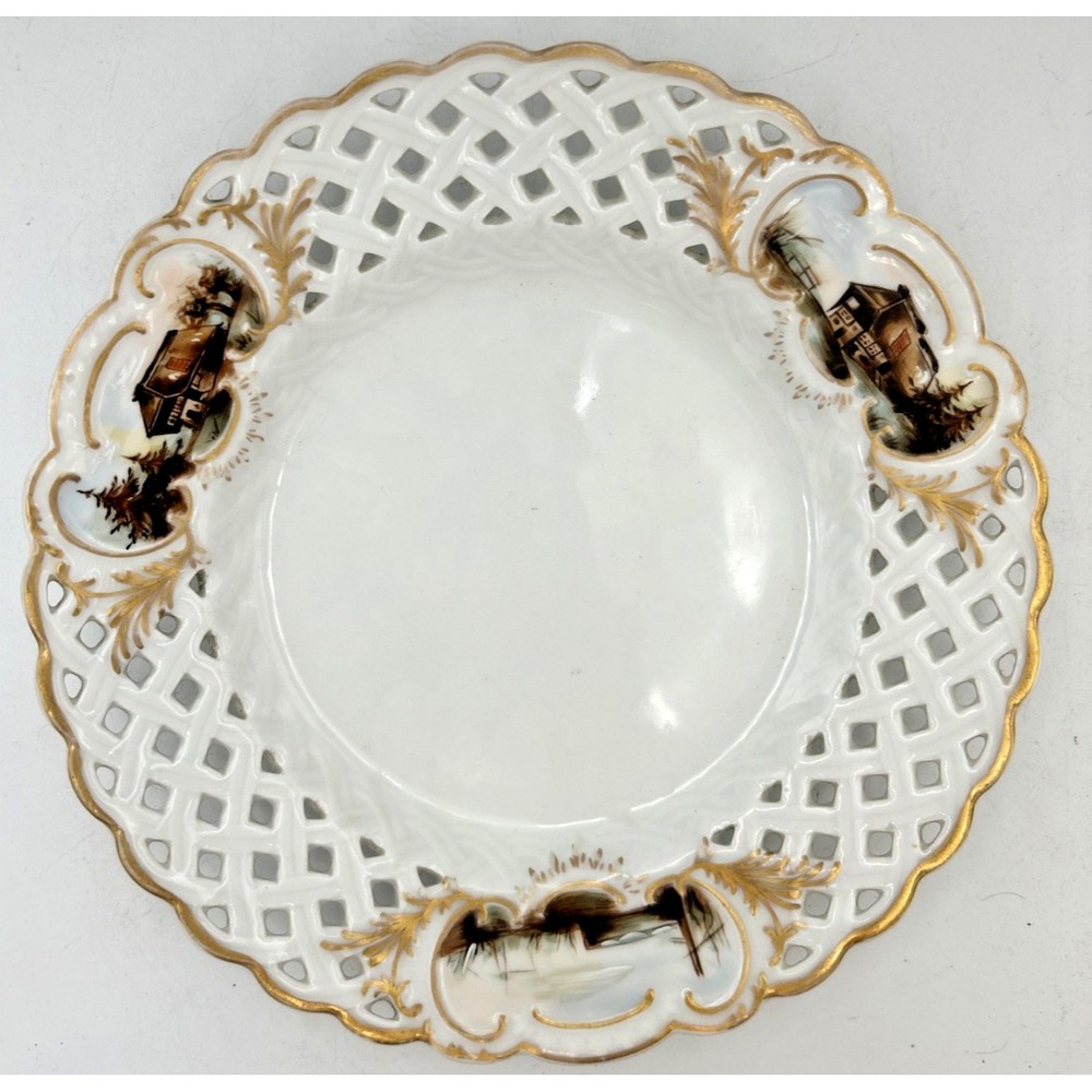 Porcelain Ribbon Plate Germany Lake House Scene 8.25" 21cm 19Ct Cottage Granny